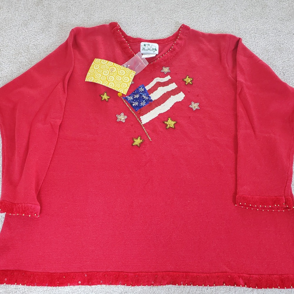 Quacker Factory Sweater Womens 2X Red American Flag Sequin Stars V-Neck NWTGS